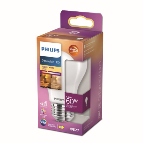 Ampoule LED Philips E27 60W Blanc Chaud Dépolie Compatible Variateur
