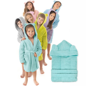 Peignoir de Bain Enfant Turquoise avec Capuche et Oreilles - 100% Coton