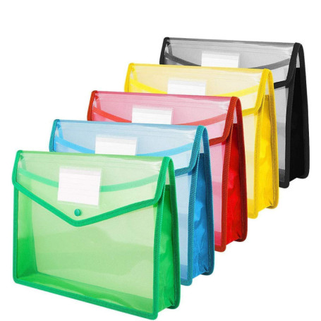 Lot de 5 pochettes A4 en plastique avec bouton-pression - Couleurs variées