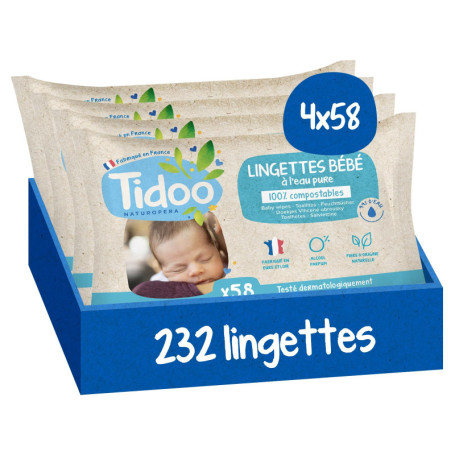 Lingettes Douces à l'Eau Pure TIDOO pour Bébé - 4x58 Lingettes Compostables