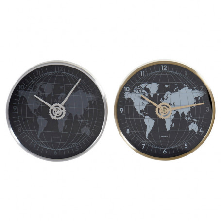 Horloge Murale DKD Home Decor Noir Aluminium Verre Doré Argenté Mappemonde (2 pc 51,99 €