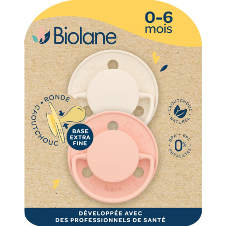 Sucettes Biolane Rondes en Caoutchouc Naturel - Lot de 2 pour Bébé 0-6 Mois - Rose et Beige