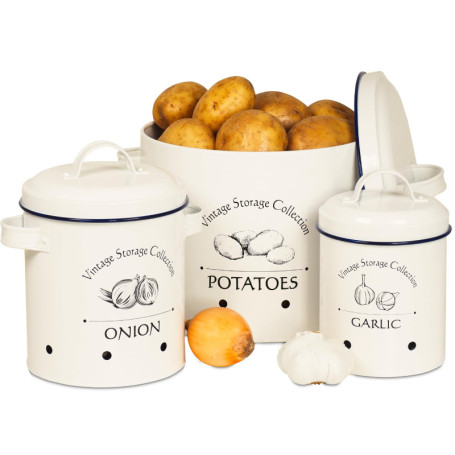 Ensemble de 3 Boîtes de Rangement Vintage pour Pommes de Terre, Oignons et Ail