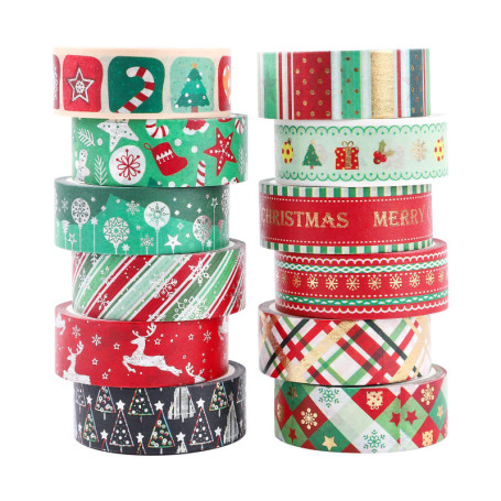Ensemble de 12 Rubans Washi Décoratifs pour Noël - Adhésif Coloré pour Artisanat