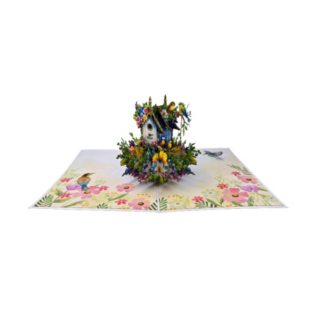 Carte de vœux pop-up 3D Nichoir à oiseaux et prairie fleurie