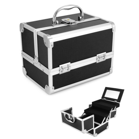 Malette de Maquillage Portable QWORK avec Miroir - Boîte Noire en Aluminium