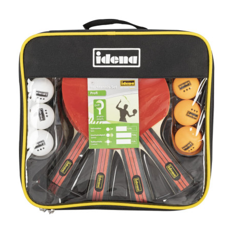 Set de Ping-Pong Idena 12 pièces avec 4 Raquettes et 8 Balles - Sac de Transport Inclus