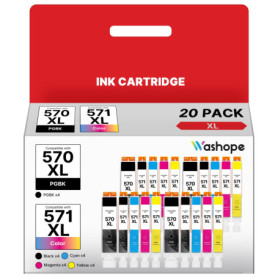 Pack de 20 Cartouches d'Encre Washope pour Canon 570XL 571XL - Noir, Cyan, Magenta, Jaune