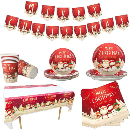 Ensemble de Vaisselle en Papier de Noël 102 Pièces - Assiettes, Tasses et Décorations Festives