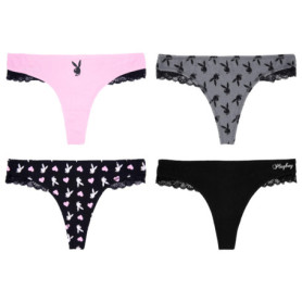 Ensemble de Sous-vêtements Playboy pour Femmes - Lot de 4 Thongs en Dentelle Rose