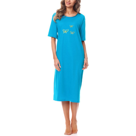 Chemise de Nuit Femme Turquoise en Coton avec Broderie