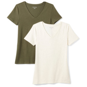 Lot de 2 T-Shirts Col en V Femme - Vert Olive et Avoine Chiné