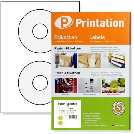 Étiquettes Autocollantes CD/DVD Printation - 50 Étiquettes Blanches Ø 117mm