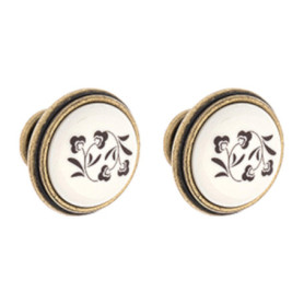 Lot de 2 Boutons de Tiroir Vintage en Porcelaine et Laiton - Motif Fleur