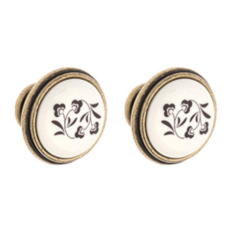 Lot de 2 Boutons de Tiroir Vintage en Porcelaine et Laiton - Motif Fleur