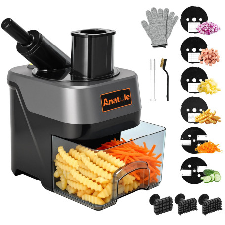Anatole 6 en 1 Coupe Légumes Électrique en Cubes Ondulées Trancheuse de Légumes Fruits Professionnel Rapeuse Multifonctions pour