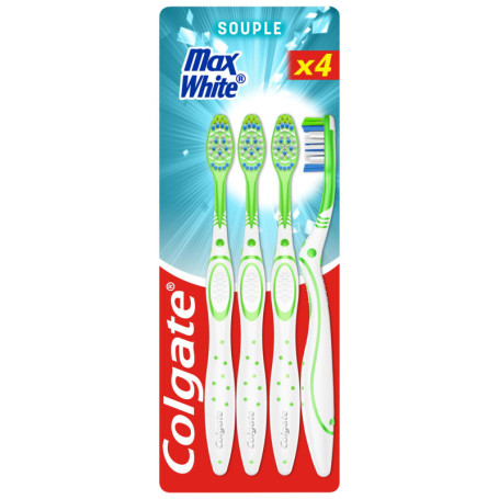 Colgate Lot de 4 Brosses à Dents Max White Souples - Élimination des Taches