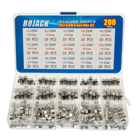 Kit d'Assortiment de Fusibles en Verre BOJACK - 200 Pièces 5x20mm et 6x30mm