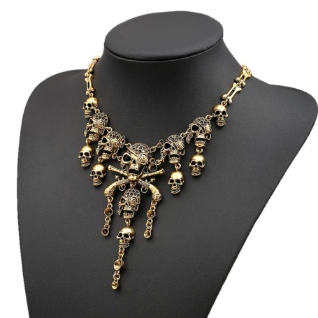 Collier Crâne Halloween en Or pour Femmes - Accessoire de Déguisement Pirate