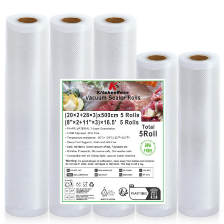 KitchenBoss Sacs Sous Vide Alimentaire - 5 Rouleaux de Qualité pour Congélation et Cuisson