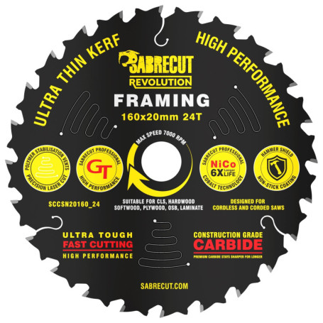 Lame de Scie Circulaire SabreCut 160mm 24 Dents pour Bois et MDF