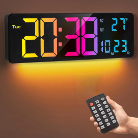 Horloge Murale Numérique, 16 Pouces Grande Horloge Numérique avec 11 Couleurs RGB Heure, Date, Température, Semaine, Minuterie, 