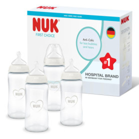 Biberons NUK First Choice en Verre - Lot de 4, 240 ml, Anti-Colique, 0+ Mois
