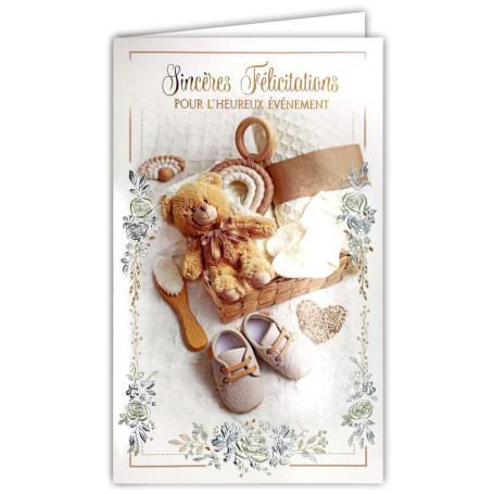 Carte de Naissance Ourson Chausson avec Enveloppe - AFIE