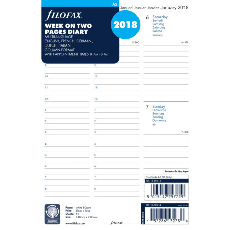 Recharge A5 Filofax 2018 - 1 Semaine sur 2 Pages