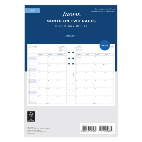 Recharge Agenda Filofax A5 2026 - Mois sur Deux Pages