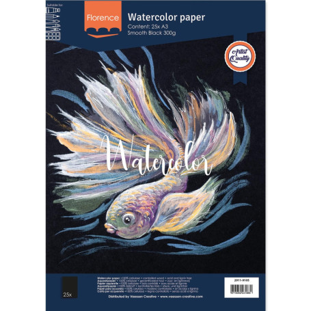 Papier Aquarelle Florence A3 Noir - 25 Feuilles 300 g/m² pour Dessin et Peinture