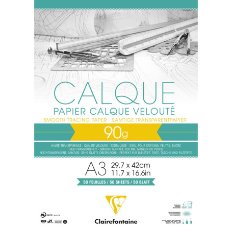 Bloc Collé de Papier Calque A3 Clairefontaine - 50 Feuilles Transparentes pour Dessin Technique