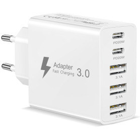 Chargeur USB C Rapide, 50W 5 Ports Prise USB C Chargeur Rapide iPhone Prise USB Multiple Adaptateur USB Chargeur Type C Secteur 