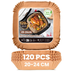 Papier Cuisson Antiadhésif KitchenBoss pour Air Fryer - 120 Feuilles Carrées