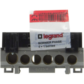 Bornier de Phase Legrand - 5 Bornes pour Câbles 6 à 25 mm² + 1 Câble 10 à 35 mm² - Noir
