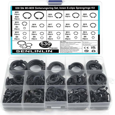 SENLINLIN Lot de 530 Circlips en Acier Carbone avec Boîte de Rangement - 21 Tailles M4 à M28