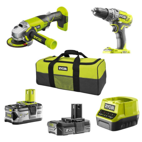 Pack Outils RYOBI 18V : Perceuse Percussion et Meuleuse d'Angle avec Batteries et Chargeur