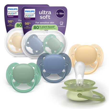 Sucettes Ultra-Douces Philips Avent pour Bébés 6-18 Mois - Lot de 4 avec Étuis