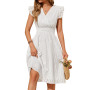 heekpek Robe Ete Femme Mi Longue Coton Col en V Robes Casual Taille Haute Ligne A sans Manche à Volants Robe Boheme Chic Detente