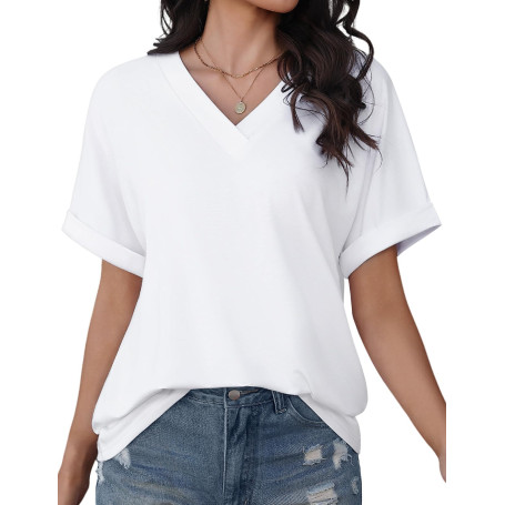 PASUDA Tee Shirt Femme Col V Manche Courte Tshirt Femme Haut Ete Chic et Élégant Couleur Unie Lâches Tops Tunique Vetement Femme
