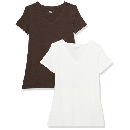 Amazon Essentials T-Shirt à Manches Courtes, Coupe Standard (Ras-de-Cou et Col en V) Femme, Packs Multiples