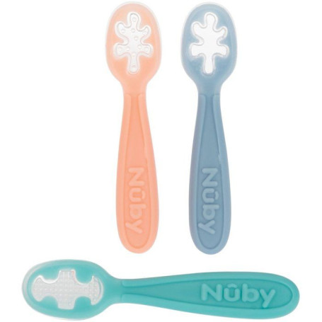 Lot de 3 cuillères en silicone pour bébé - NUBY - Rose, Bleu et Vert