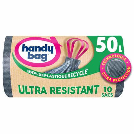 Handy Bag Sacs poubelle à poignées coulissantes Ultra Résistant & Fond anti-fuite, 100% plastique recyclé, 1 rouleau de 10 sacs 