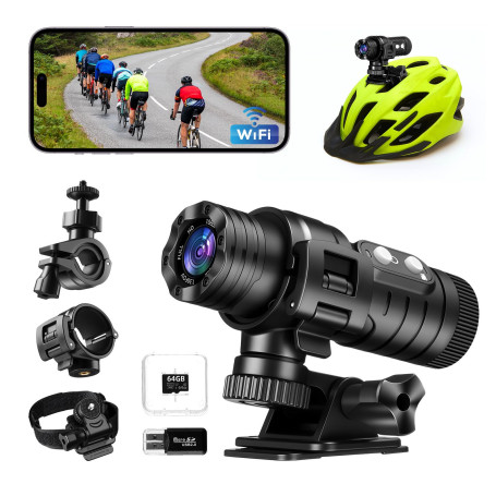 AIKER Camera Moto,Version Améliorée WiFi Camera Sport Étanchéité Ip66,1080PHD&120° Grand Angle Caméra Velo,Calibrage Automatique