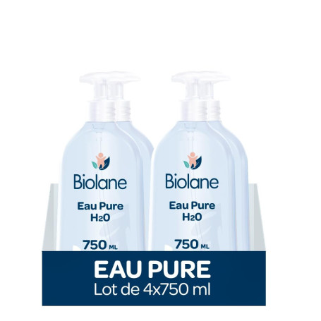 BIOLANE - Lot de 4 Flacons Eau Pure H2O - Nettoyant pour le visage, corps et siège du bébé - Sans rinçage - 4 flacons-pompe de 7