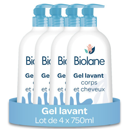 BIOLANE - Lot de 4 Gels Corps Et Cheveux 2 en 1 - Gel Lavant - 750ml - 97% Origine Naturelle - Doux - Peaux Sensibles - Cheveux 