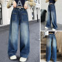 Domueay Jeans pour Filles Baggy Denim Pantalon Long avec Haute Taille Élastique, Loose Fit Doux Mode Casual Polyvalent Enfants V