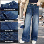 Domueay Jeans pour Filles Baggy Denim Pantalon Long avec Haute Taille Élastique, Loose Fit Doux Mode Casual Polyvalent Enfants V