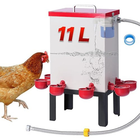 Abreuvoir Automatique pour Poules, 11 L, en Acier Inoxydable, avec Valve Flottante, Bol d'eau, Support de Sol et Tuyau, pour Cai