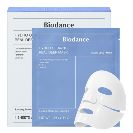 BIODANCE Hydro Cera-nol Masque Profond Réel, Masque Hydrogel, Apaisant, Hydratant, Nourrissant, Skincare Coréenne, 34 g x 4 pièc